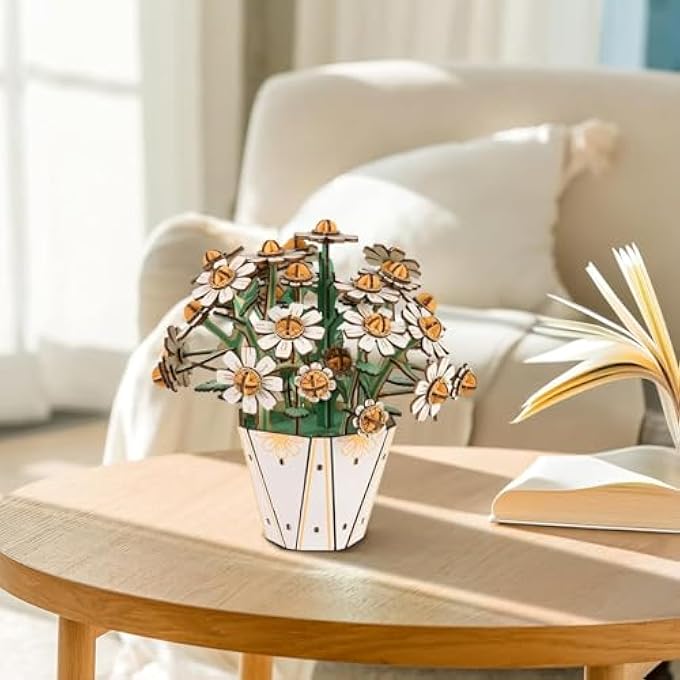 3D PUZZLE, WOODEN FLOWER DIY MODEL KIT FOR ADULTS ARTIFICIAL CRYSTAL DAISY CRAFT CONSTRUCTION KIT HOME DECORATION ROOM OFFICE BIRTHDAY VALENTINE GIFTS FOR WOMEN WHITE - Image 2